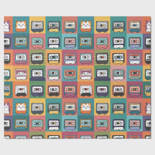 Katzen und Kassetten Geschenkpapier (Saum)