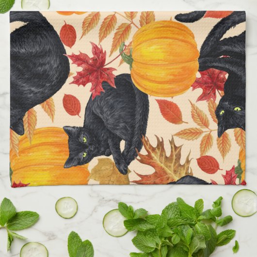 Katzen und Kürbis Geschirrtuch (Gefaltet)