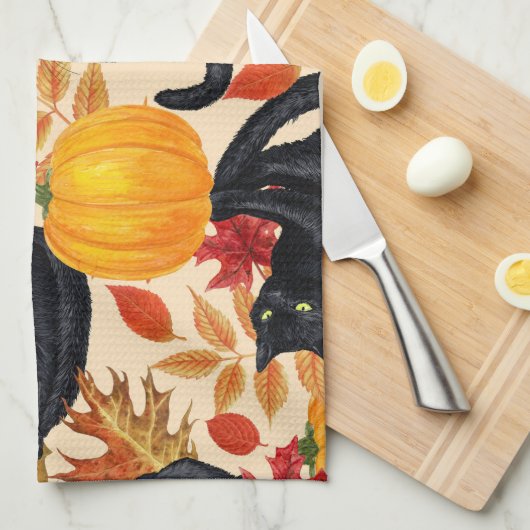 Katzen und Kürbis Geschirrtuch (Viertel Falte)