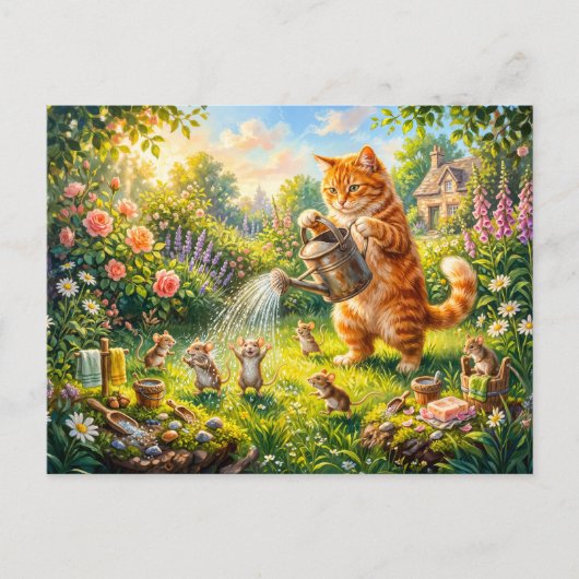 Katzen- und Mäuse-Garten-Wasserspaß Postkarte (Vorderseite)