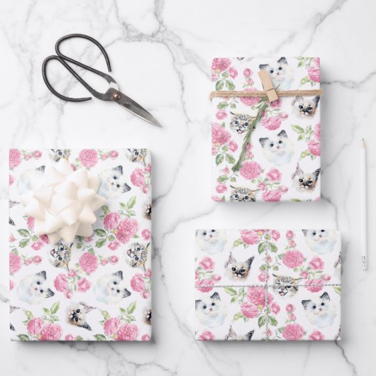 Katzen und Rose Geschenkpapier Set (Vorderseite)