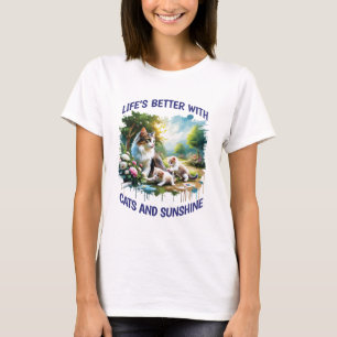 Katzen und Sonnenscheinfrauen weiß T-Shirt