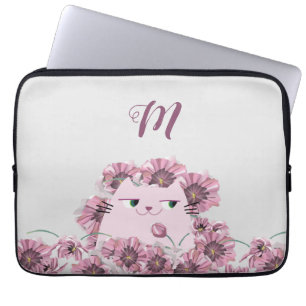 Katzen und violette Blumen Mit Monogramm Laptopschutzhülle