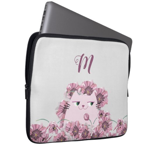 Katzen und violette Blumen Mit Monogramm Laptopschutzhülle (Vorne Rechts)