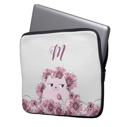 Katzen und violette Blumen Mit Monogramm Laptopschutzhülle (Vorderseite Links)