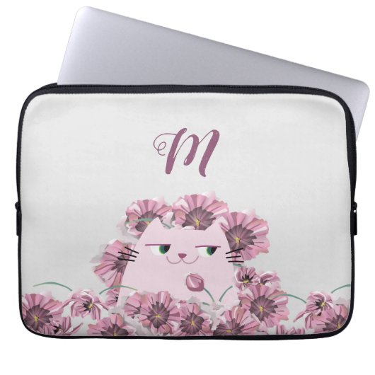 Katzen und violette Blumen Mit Monogramm Laptopschutzhülle (Vorderseite)