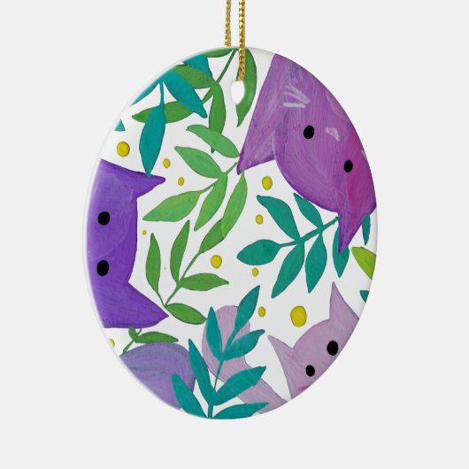 Katzen und Zweige - lila und grün Keramik Ornament (Rechts)