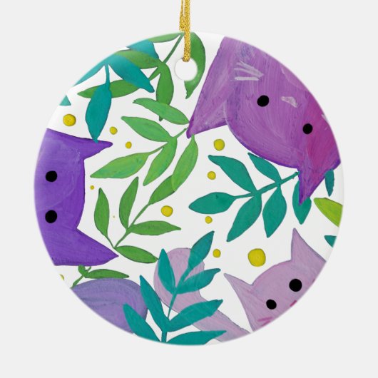 Katzen und Zweige - lila und grün Keramik Ornament (Hinten)