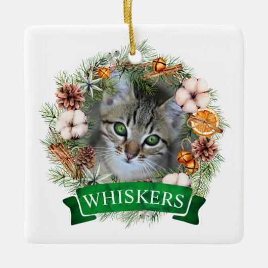 Katzen-Weihnachts-Kranz-Ornament Keramikornament (Vorderseite)