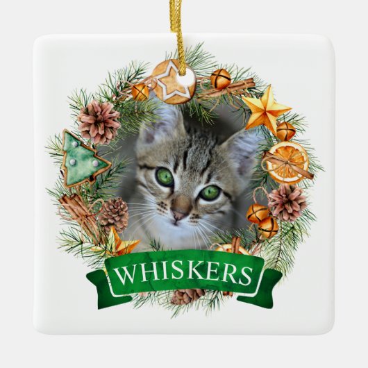 Katzen-Weihnachts-Kranz-Ornament Keramikornament (Vorderseite)
