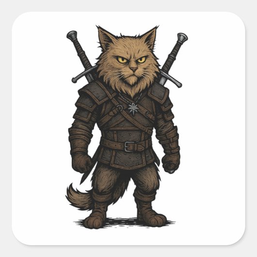 Katzen-Witcher – mittelalterlicher Fantasy-Krieger Quadratischer Aufkleber (Vorderseite)