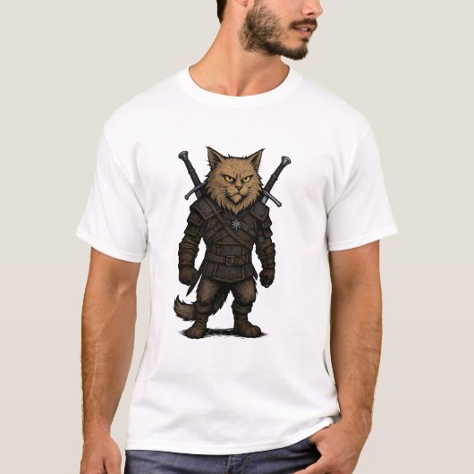 Katzen-Witcher – mittelalterlicher Fantasy-Krieger T-Shirt (Vorderseite)