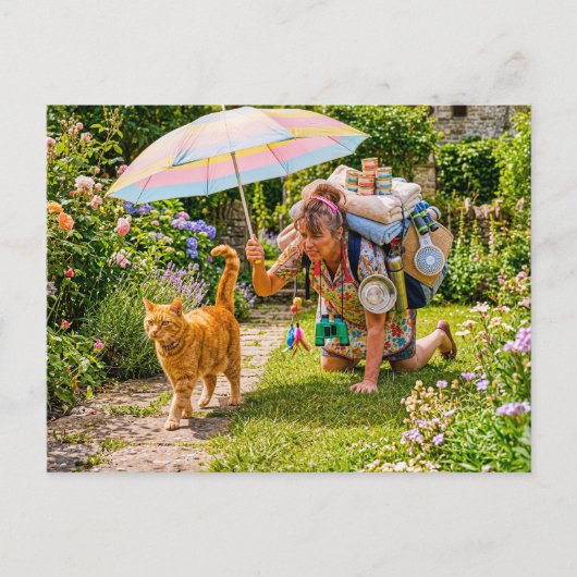 Katzenabenteuer mit überlasteter Frau Postkarte (Vorderseite)