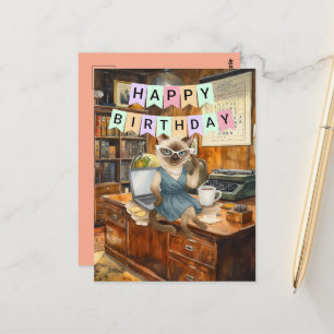 Katzenarbeiterin im Büro Happy Birthday Postkarte