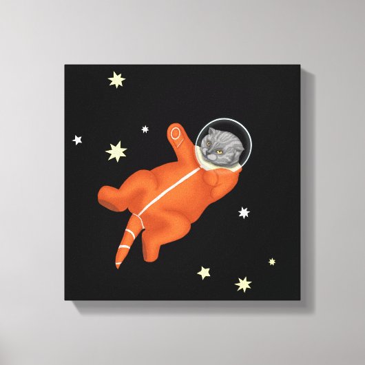 Katzenastronaut in einem orangefarbenen Raumanzug Leinwanddruck (Vorderseite)