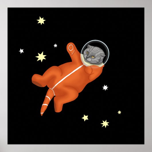 Katzenastronaut in einem orangefarbenen Raumanzug Poster (Vorne)