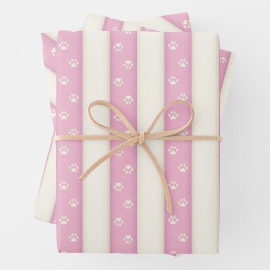 Katzenaufdruck auf rosa und antike weiße Streifen Geschenkpapier Set (Beispiel)