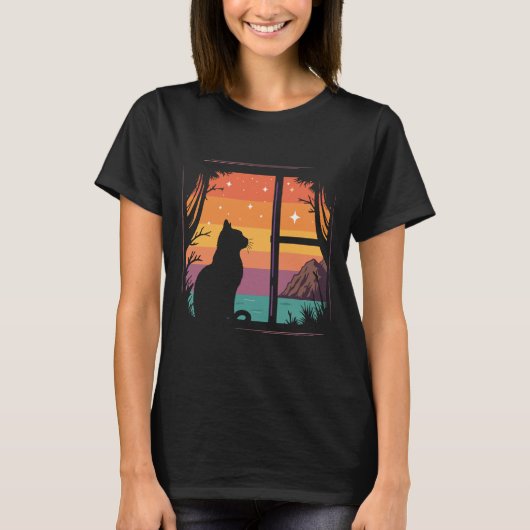 Katzenaufsatz Silhouette Retro Sunset T-Shirt (Vorderseite)