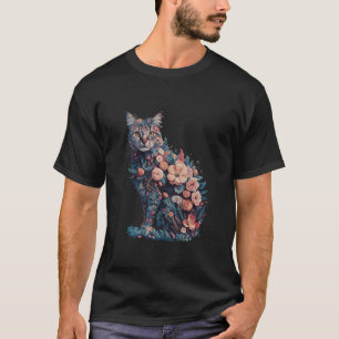 Katzenblumen-Silhouette Katze Tropische Blumen Gra T-Shirt