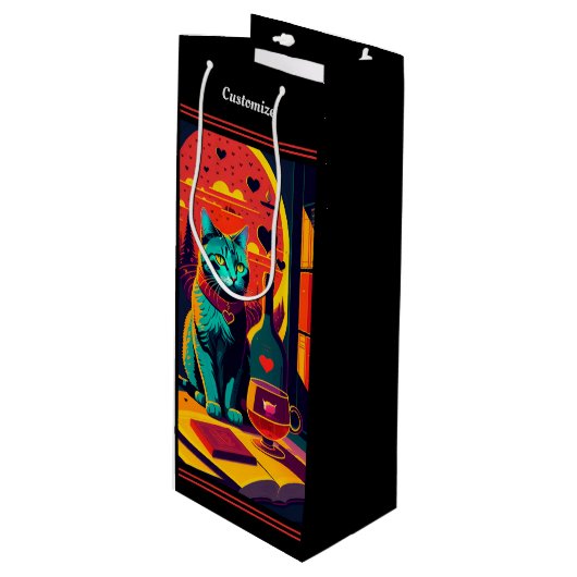 Katzenbücher und Wein im Sonnenschein Geschenktüte Für Weinflaschen (Vorderseite Schrägansicht)