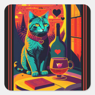 Katzenbücher und Wein im Sonnenschein Quadratischer Aufkleber