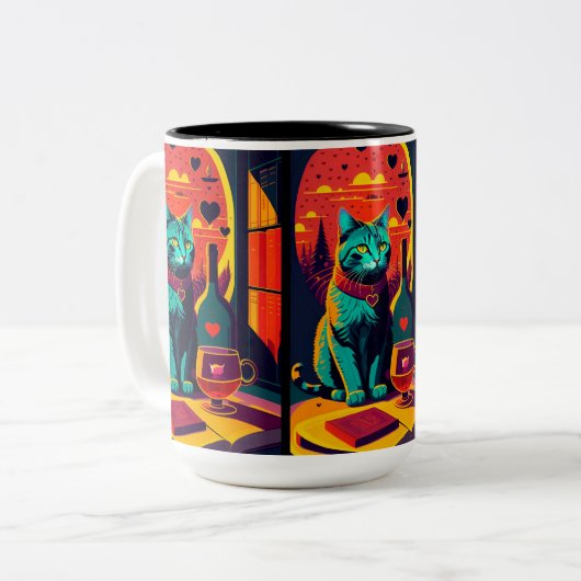 Katzenbücher und Wein im Sonnenschein Zweifarbige Tasse (Vorderseite Links)