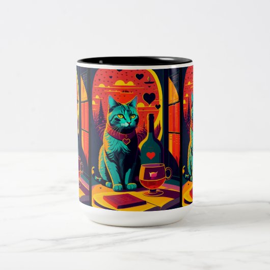 Katzenbücher und Wein im Sonnenschein Zweifarbige Tasse (Mittel)