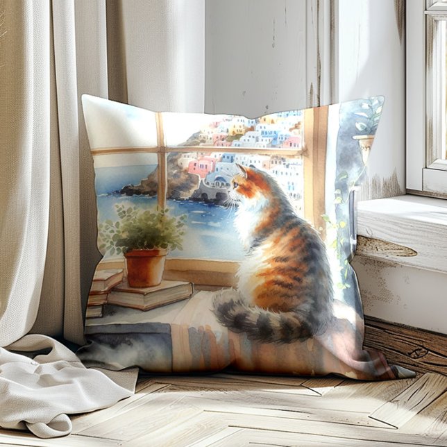 Katzenfenster Aquarell Mittelmeer Kissen (Cat in the window pillow)