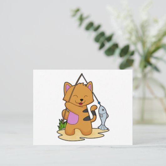Katzenfische mit Angelstab und Fisch Postkarte (Stehend Vorderseite)