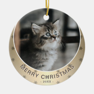Katzenfoto Goldene Schneeflocke Metallisches Weihn Keramik Ornament