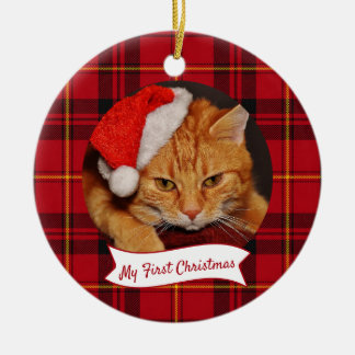 Katzenfoto Roter Schottenkaro Haustier Erstes Weih Keramik Ornament