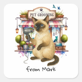 Katzenfriseur Pet Grooming Wasserfarben-Stil Quadratischer Aufkleber