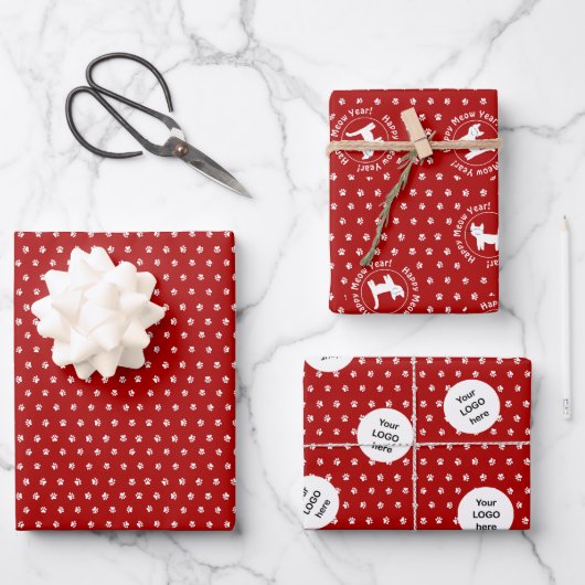 Katzengeschäft "Happy Meow Year" Geschenkpapier Set (Vorderseite)