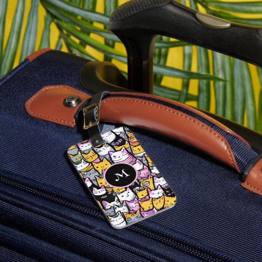 Katzengesicht Doodle feline Kätzchen Monogramm Gepäckanhänger (Vorderseite Insitu 1)