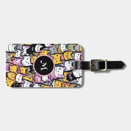 Katzengesicht Doodle feline Kätzchen Monogramm Gepäckanhänger (Vorderseite horizontal)