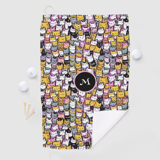 Katzengesichter Doodle-Katzen-Monogramm-Muster Golfhandtuch (Insitu)