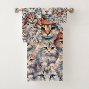 Katzengesichter mit Hexagon-Muster Badhandtuch Set