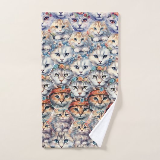 Katzengesichter mit Hexagon-Muster Badhandtuch Set (Handtuch)