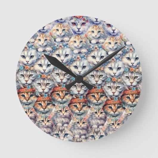 Katzengesichter mit Hexagon-Muster Runde Wanduhr (Vorderseite)