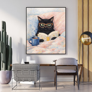 Katzenillustration beim Lesen schwarze Katzenkun Poster
