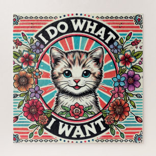 Katzenillustration mit Blumen und positivem Slogan Puzzle