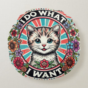 Katzenillustration mit Blumen und positivem Slogan Rundes Kissen