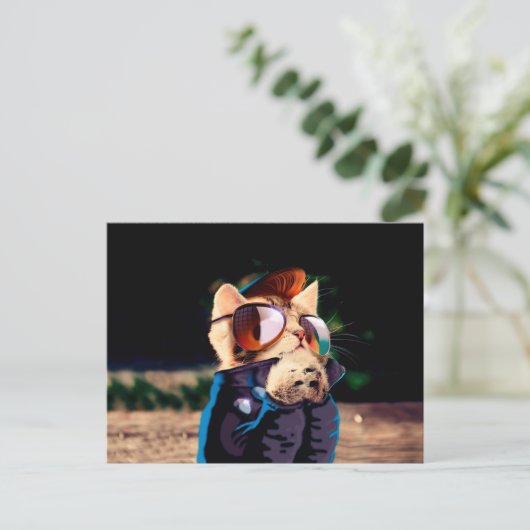 Katzenjacke in Lederjacke Postkarte (Stehend Vorderseite)