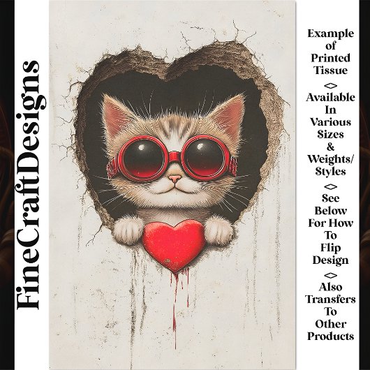 Katzenkätzchen in roter Brille, rotes Herz AQ3 Dec Seidenpapier