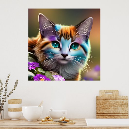 Katzenkatze und Blume Poster (Küche)
