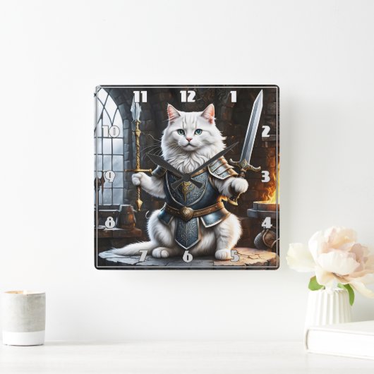 Katzenklade im Rüstungsschwert und in der Speere Quadratische Wanduhr (Zuhause)