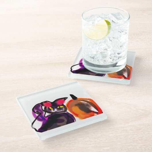 Katzenkürbis Glasuntersetzer (Schrägansicht)