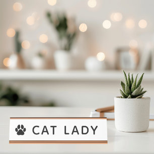Katzenlady Pfotenabdruck Modern Weiß Schreibtischnamensplakette