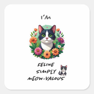 Katzenliebhaber floral Tuxedo-Katze  Quadratischer Aufkleber