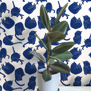 Katzenmuster Blau und Weiß Tapete